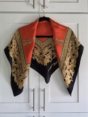 100% Silk Scarf 35x35 Gorgeous Black Orange Ornate Baroque Scarf